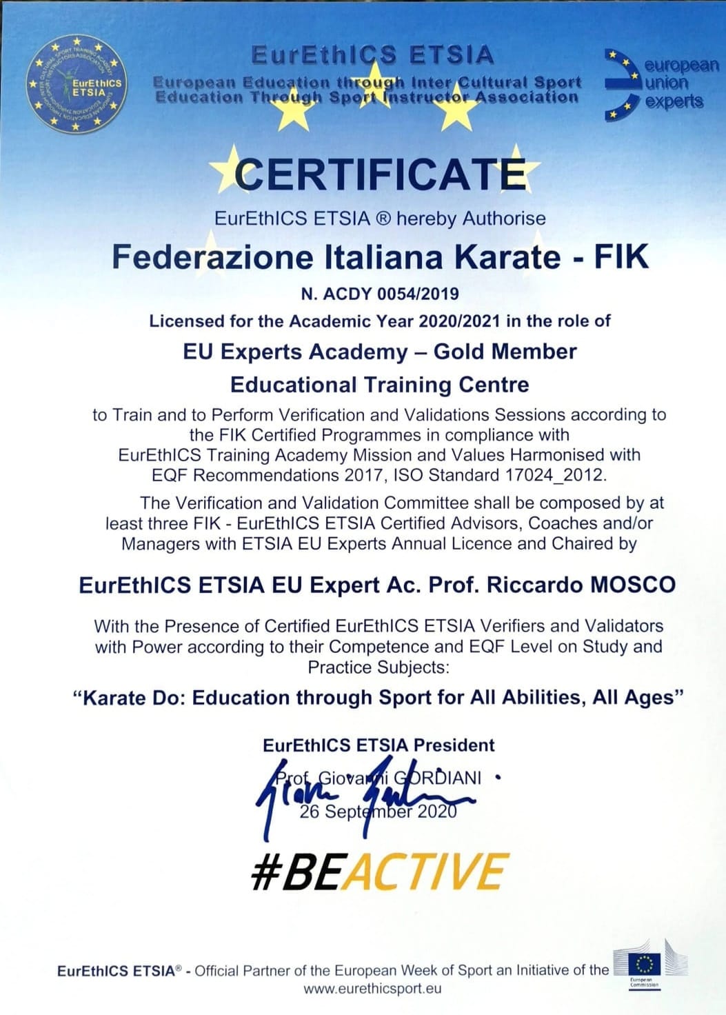 Certificazione Europea di Accademia Europea alla FIK